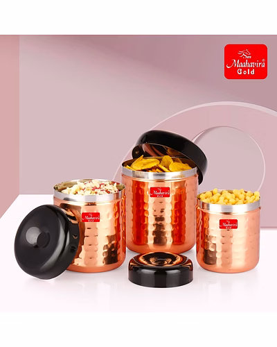 Maahavira Gold Apple Stainless Steel Hammered Texture Storage Containers with Air Tight Lid Use for Dry fruits, Chocolates, Biscuits, Tea, Sugar &amp; Coffee - Set of 3-1