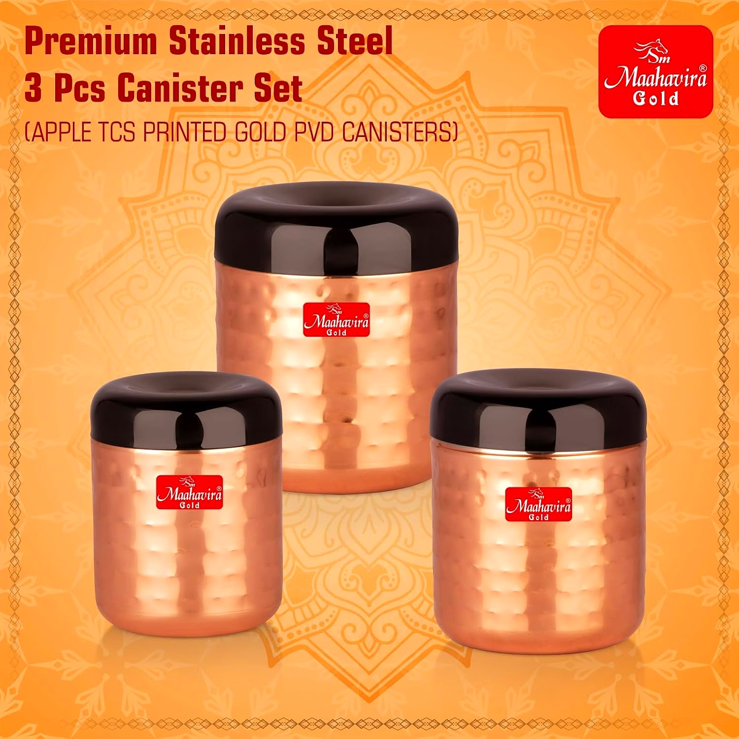 Maahavira Gold Apple Stainless Steel Hammered Texture Storage Containers with Air Tight Lid Use for Dry fruits, Chocolates, Biscuits, Tea, Sugar & Coffee - Set of 3 image 3