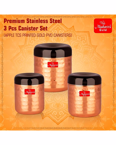 Maahavira Gold Apple Stainless Steel Hammered Texture Storage Containers with Air Tight Lid Use for Dry fruits, Chocolates, Biscuits, Tea, Sugar &amp; Coffee - Set of 3-2
