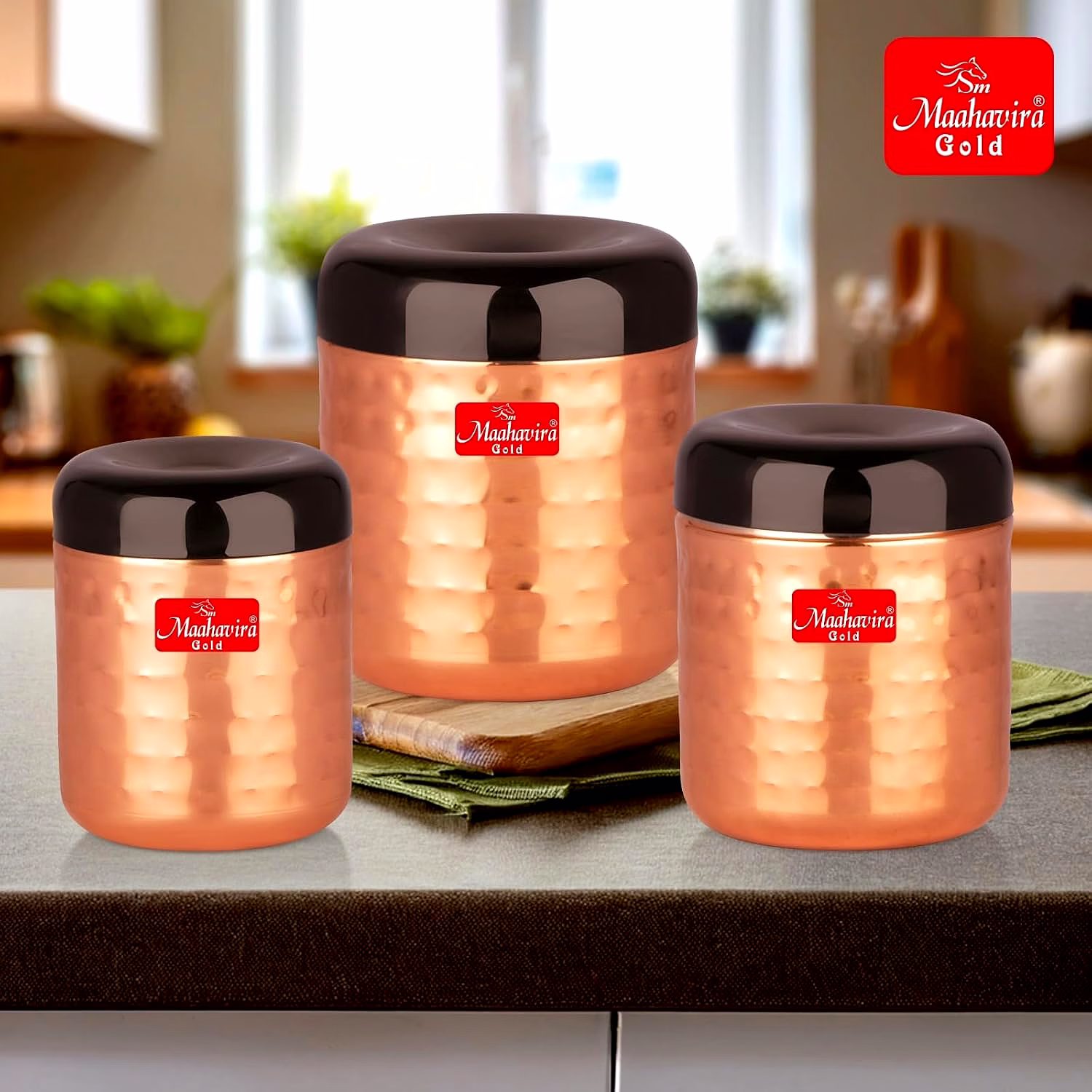 Maahavira Gold Apple Stainless Steel Hammered Texture Storage Containers with Air Tight Lid Use for Dry fruits, Chocolates, Biscuits, Tea, Sugar & Coffee - Set of 3 image 5