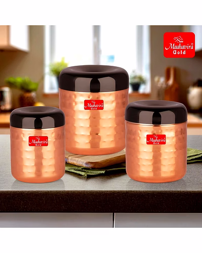 Maahavira Gold Apple Stainless Steel Hammered Texture Storage Containers with Air Tight Lid Use for Dry fruits, Chocolates, Biscuits, Tea, Sugar &amp; Coffee - Set of 3-4