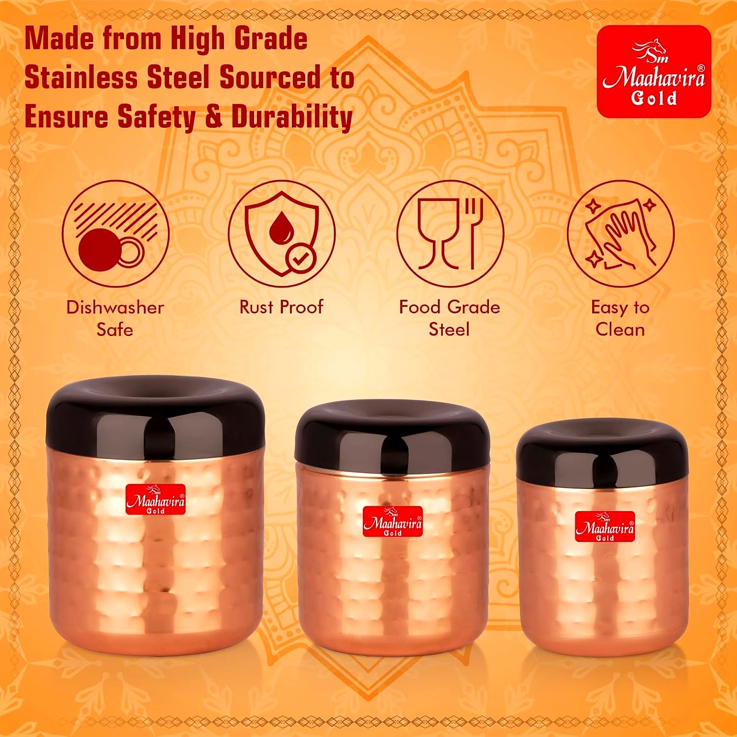 Maahavira Gold Apple Stainless Steel Hammered Texture Storage Containers with Air Tight Lid Use for Dry fruits, Chocolates, Biscuits, Tea, Sugar & Coffee - Set of 3 image 6