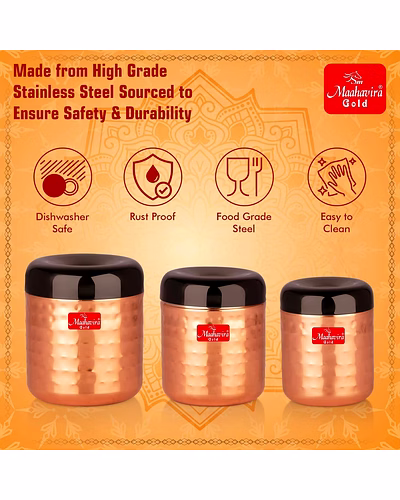 Maahavira Gold Apple Stainless Steel Hammered Texture Storage Containers with Air Tight Lid Use for Dry fruits, Chocolates, Biscuits, Tea, Sugar &amp; Coffee - Set of 3-5