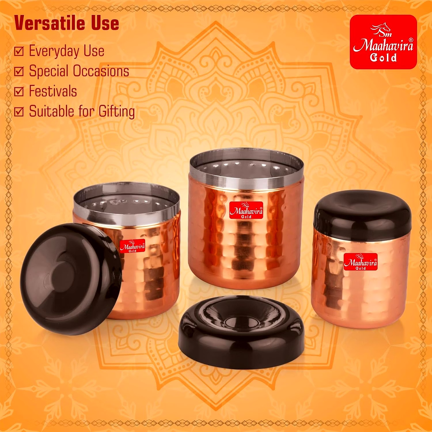 Maahavira Gold Apple Stainless Steel Hammered Texture Storage Containers with Air Tight Lid Use for Dry fruits, Chocolates, Biscuits, Tea, Sugar & Coffee - Set of 3 image 7