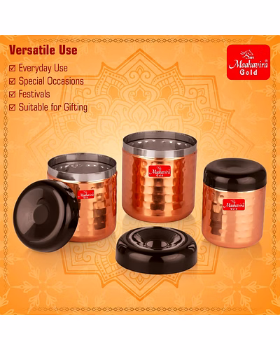 Maahavira Gold Apple Stainless Steel Hammered Texture Storage Containers with Air Tight Lid Use for Dry fruits, Chocolates, Biscuits, Tea, Sugar &amp; Coffee - Set of 3-6