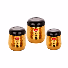 maahavira gold black hammered gold pvd stainless steel stylish range deluxe containers with air tight lid use for dry fruits, chocolates, biscuits, tea, sugar & coffee, set of 3