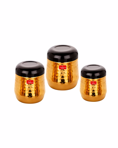 Maahavira Gold Black Hammered Gold PVD Stainless Steel Stylish Range Deluxe Containers with Air Tight Lid Use for Dry fruits, Chocolates, Biscuits, Tea, Sugar &amp; Coffee, Set of 3-SJMT-GLDBLK-PVD-Set3