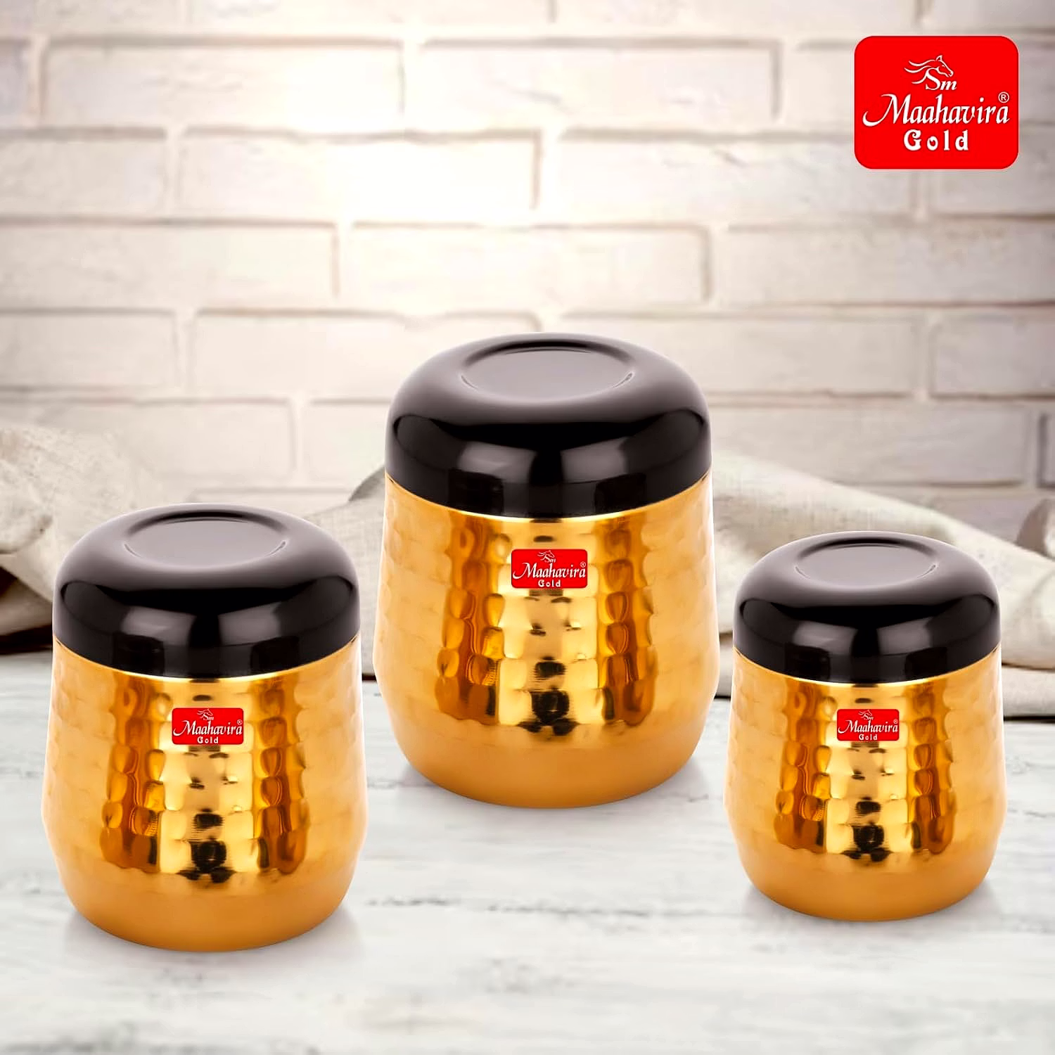 Maahavira Gold Black Hammered Gold PVD Stainless Steel Stylish Range Deluxe Containers with Air Tight Lid Use for Dry fruits, Chocolates, Biscuits, Tea, Sugar & Coffee, Set of 3 image 2