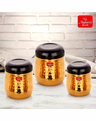 Maahavira Gold Black Hammered Gold PVD Stainless Steel Stylish Range Deluxe Containers with Air Tight Lid Use for Dry fruits, Chocolates, Biscuits, Tea, Sugar &amp; Coffee, Set of 3-1