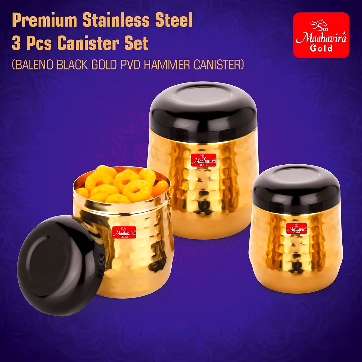 Maahavira Gold Black Hammered Gold PVD Stainless Steel Stylish Range Deluxe Containers with Air Tight Lid Use for Dry fruits, Chocolates, Biscuits, Tea, Sugar & Coffee, Set of 3 image 3