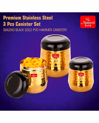 Maahavira Gold Black Hammered Gold PVD Stainless Steel Stylish Range Deluxe Containers with Air Tight Lid Use for Dry fruits, Chocolates, Biscuits, Tea, Sugar &amp; Coffee, Set of 3-2
