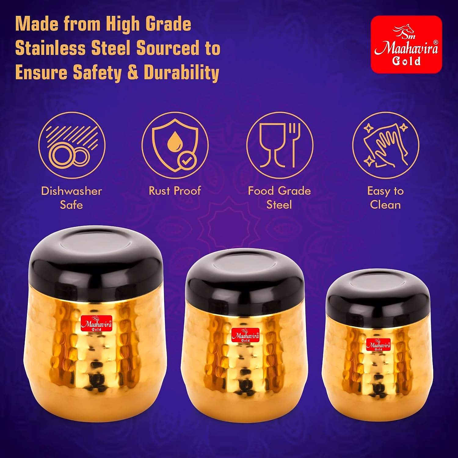 Maahavira Gold Black Hammered Gold PVD Stainless Steel Stylish Range Deluxe Containers with Air Tight Lid Use for Dry fruits, Chocolates, Biscuits, Tea, Sugar & Coffee, Set of 3 image 4