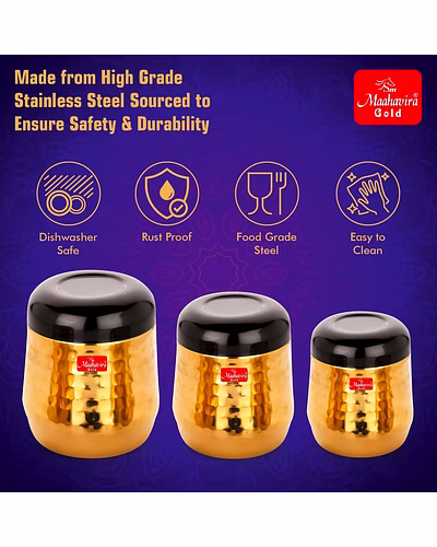 Maahavira Gold Black Hammered Gold PVD Stainless Steel Stylish Range Deluxe Containers with Air Tight Lid Use for Dry fruits, Chocolates, Biscuits, Tea, Sugar &amp; Coffee, Set of 3-3