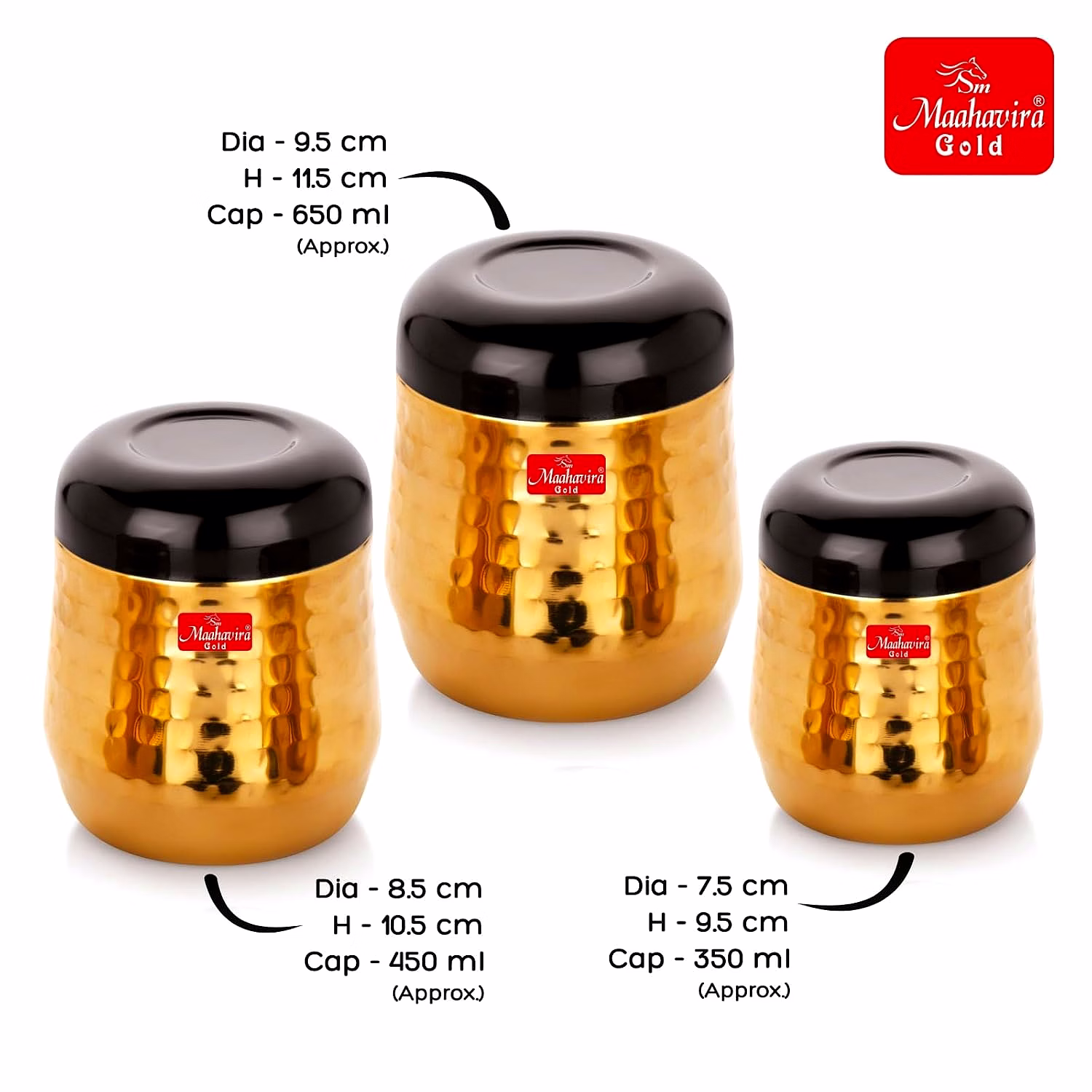 Maahavira Gold Black Hammered Gold PVD Stainless Steel Stylish Range Deluxe Containers with Air Tight Lid Use for Dry fruits, Chocolates, Biscuits, Tea, Sugar & Coffee, Set of 3 image 5