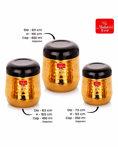 Maahavira Gold Black Hammered Gold PVD Stainless Steel Stylish Range Deluxe Containers with Air Tight Lid Use for Dry fruits, Chocolates, Biscuits, Tea, Sugar &amp; Coffee, Set of 3-4
