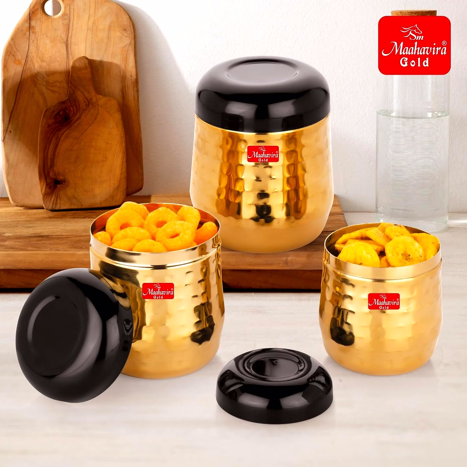 Maahavira Gold Black Hammered Gold PVD Stainless Steel Stylish Range Deluxe Containers with Air Tight Lid Use for Dry fruits, Chocolates, Biscuits, Tea, Sugar & Coffee, Set of 3 image 6