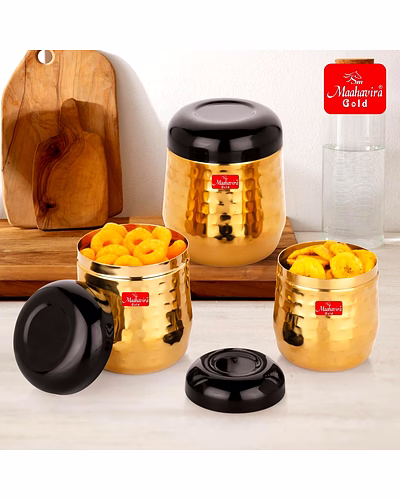 Maahavira Gold Black Hammered Gold PVD Stainless Steel Stylish Range Deluxe Containers with Air Tight Lid Use for Dry fruits, Chocolates, Biscuits, Tea, Sugar &amp; Coffee, Set of 3-5