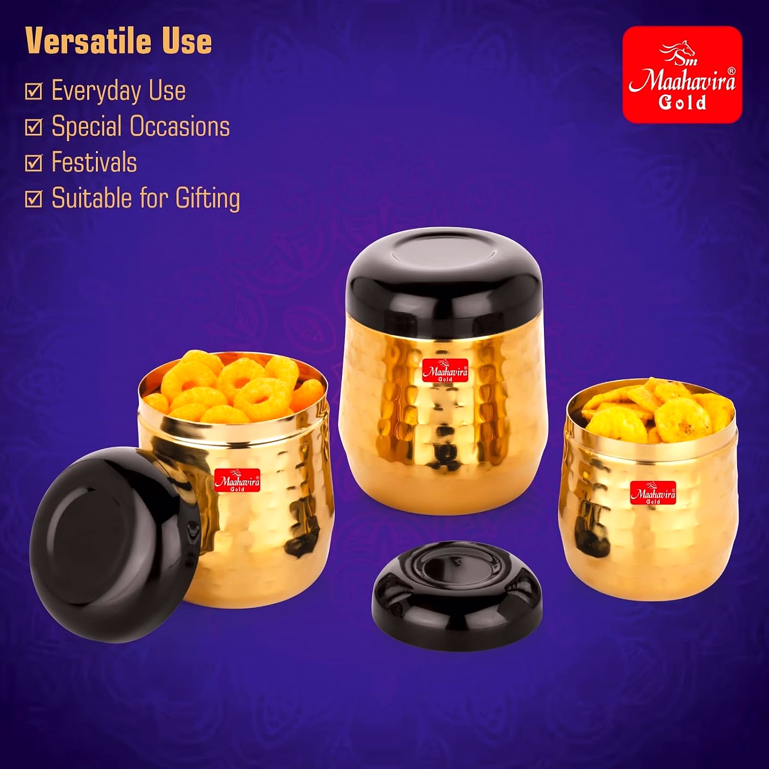 Maahavira Gold Black Hammered Gold PVD Stainless Steel Stylish Range Deluxe Containers with Air Tight Lid Use for Dry fruits, Chocolates, Biscuits, Tea, Sugar & Coffee, Set of 3 image 7