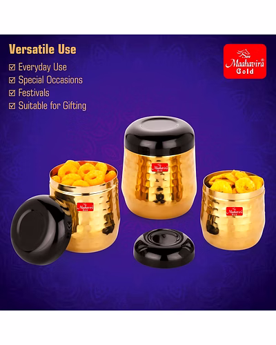 Maahavira Gold Black Hammered Gold PVD Stainless Steel Stylish Range Deluxe Containers with Air Tight Lid Use for Dry fruits, Chocolates, Biscuits, Tea, Sugar &amp; Coffee, Set of 3-6