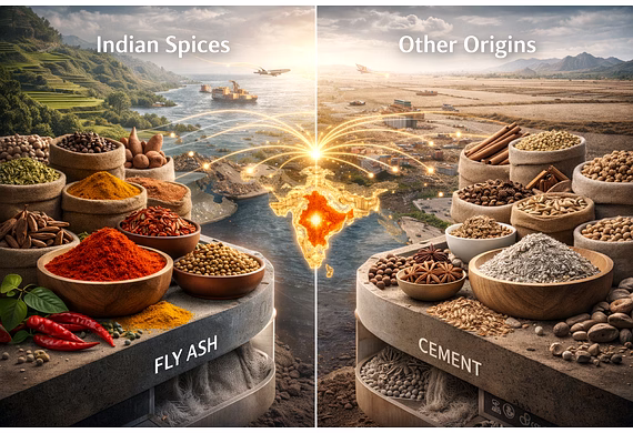 Photorealistic comparison of vibrant Indian spices versus other origins with subtle global trade ele