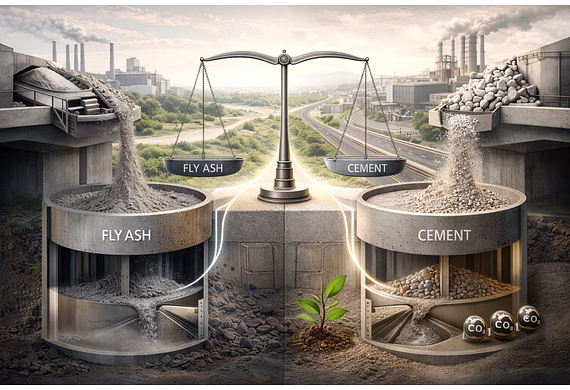 Photorealistic comparison of fly ash and traditional cement materials highlighting cost efficiency,