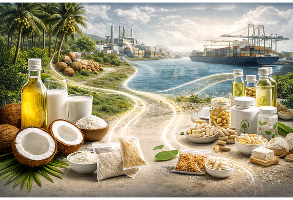 Photorealistic display of coconut-based food and wellness products from India highlighting purity, p