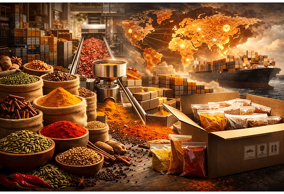 Photorealistic export-ready Indian spices with packaging and subtle global trade background represen