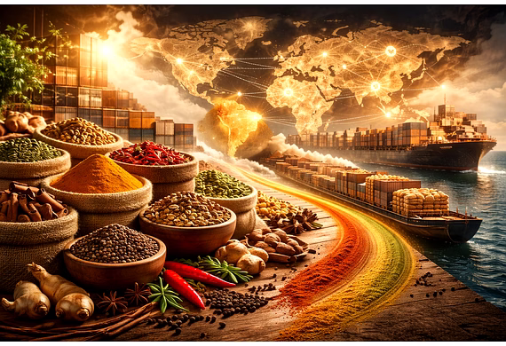Photorealistic Indian spices prepared for global markets highlighting quality, variety, and internat