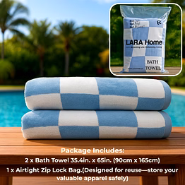 premium jacquard velour beach towels, 100% cotton, oversized beach towel size 90x165cm, 500gsm, pack of 2, double-sided terry velvet (blue white checkered)