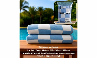 Premium Jacquard Velour Beach Towels, 100% Cotton, Oversized Beach Towel Size 90x165cm, 500GSM, Pack of 2, Double-Sided Terry Velvet (Blue White Checkered)