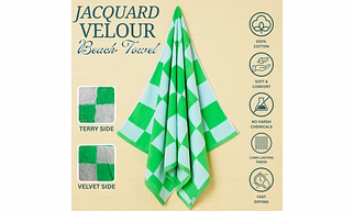 Premium Jacquard Velour Beach Towels, 100% Cotton, Oversized Beach Towel Size 90x165cm, 500GSM, Pack of 2, Double-Sided Terry Velvet (Green White Checkered)