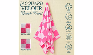 Premium Jacquard Velour Beach Towels, 100% Cotton, Oversized Beach Towel Size 90x165cm, 500GSM, Pack of 2, Double-Sided Terry Velvet (Pink White Checkered)