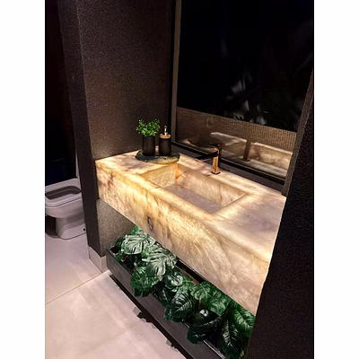 Backlit Onyx Marble Vanity with Integrated Sink for Interior Decor and Project Furnishing-2