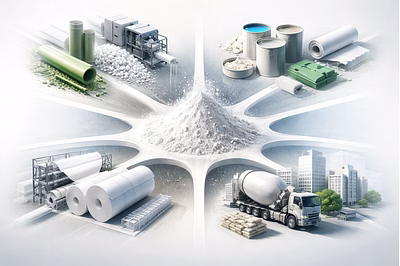 High-purity calcium carbonate powder representing industrial use in plastics, paints, paper, and con