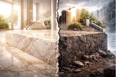 Side-by-side comparison of marble and granite natural stone for interior design and construction app