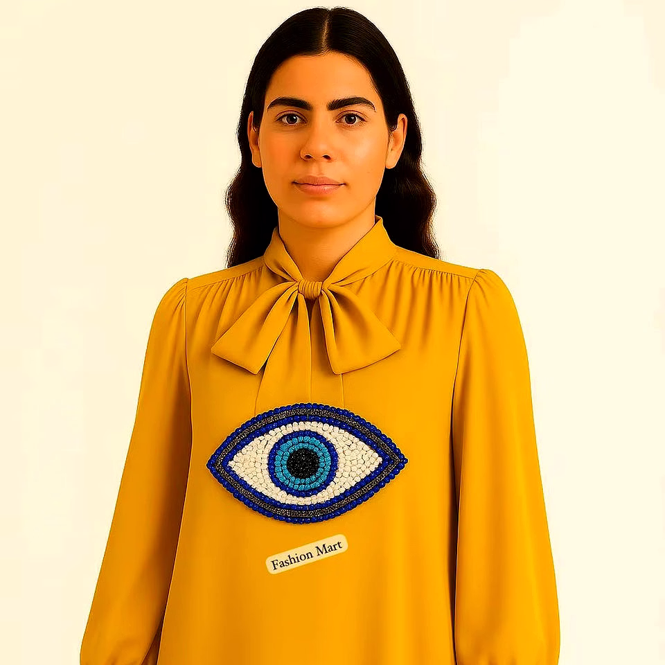 hand-beaded mustard evil eye bow-neck dress exporter