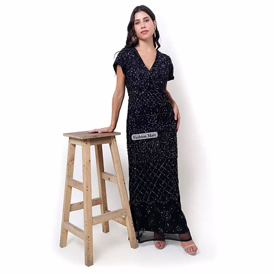 black hand-beaded v-neck maxi dress for retailers