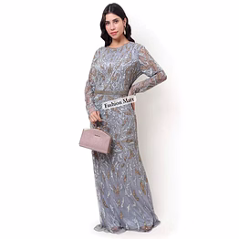 silver hand-beaded full-sleeve evening gown for retail buyers