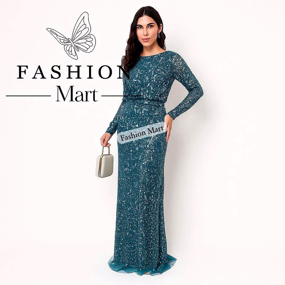 teal sequin long evening gown wholesale