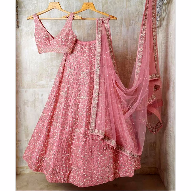hand-embroidered baby pink lehenga choli set wholesale