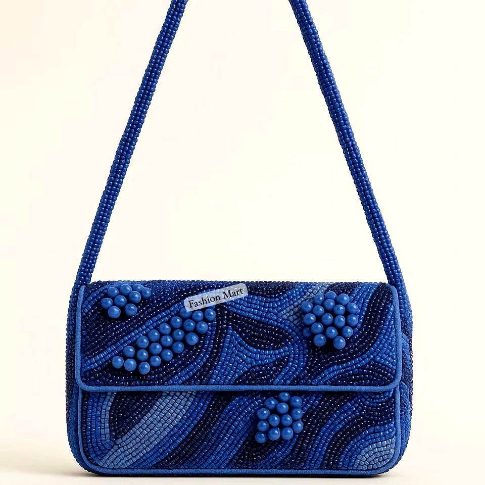 blue bead-embroidered handbag exporter