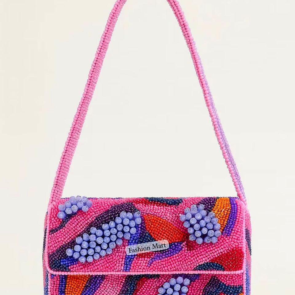 pink beaded shoulder bag with grape motif exporter