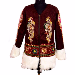 women's long boho fur jacket with embroidered buttons for retail