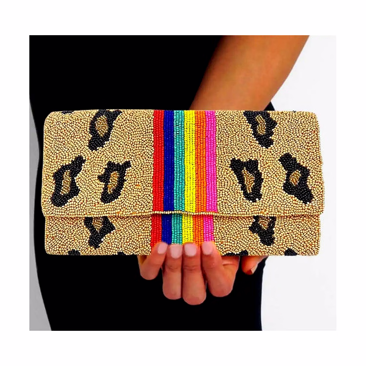 leopard print seed beaded clutch supplier