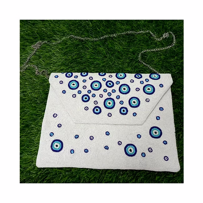 blue beaded evil eye envelope clutch for retail stores and boutiques