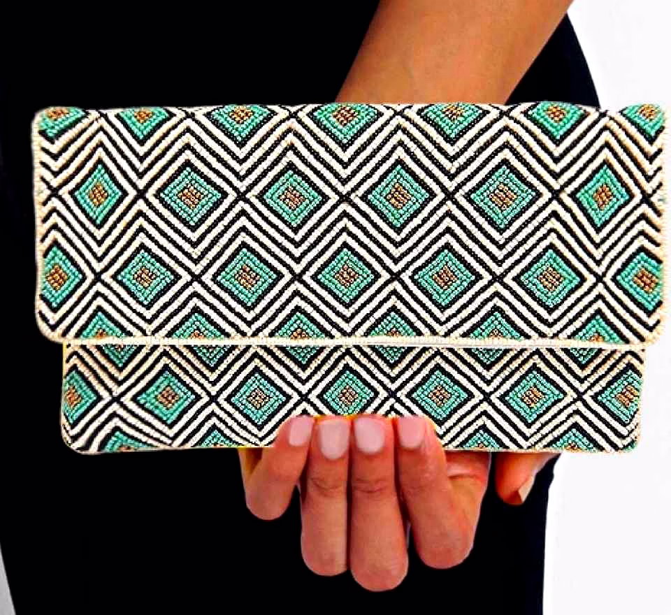 teal geometric seed-bead clutch for boutique collections