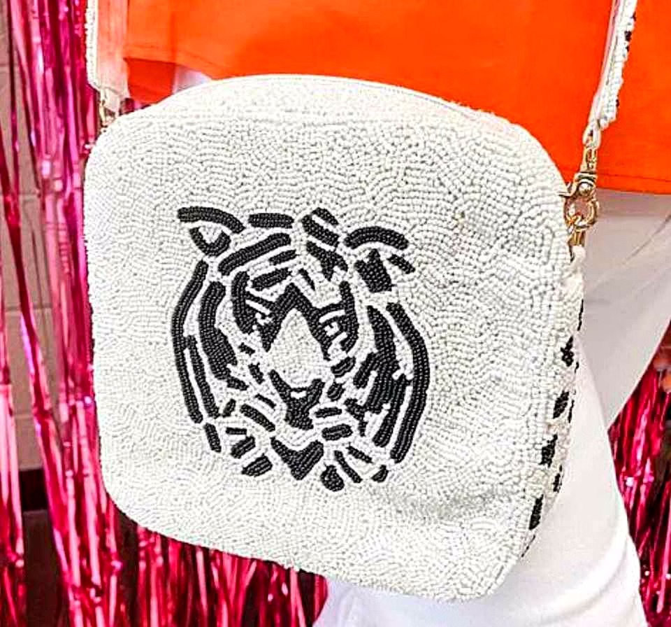 seed-bead black tiger clutch for fashion accessories and boutiques