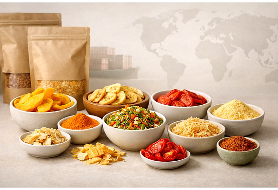Dehydrated fruits and vegetables from India arranged as export-grade ingredients with subtle global 