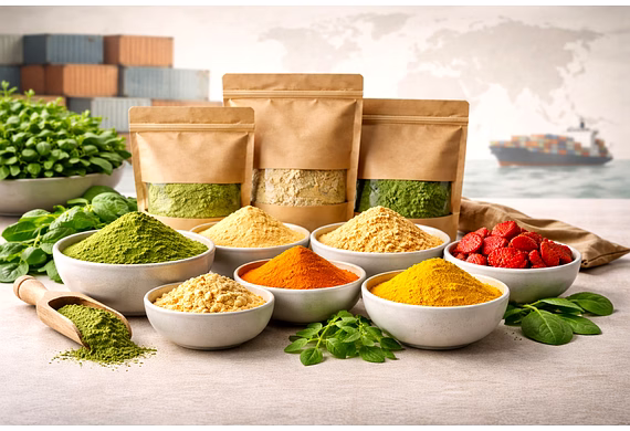 Export-grade dehydrated food powders from India displayed for global sourcing and international trad