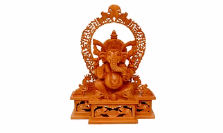 Handcrafted Wooden Lord Ganesha Statue with Intricate Mehrab